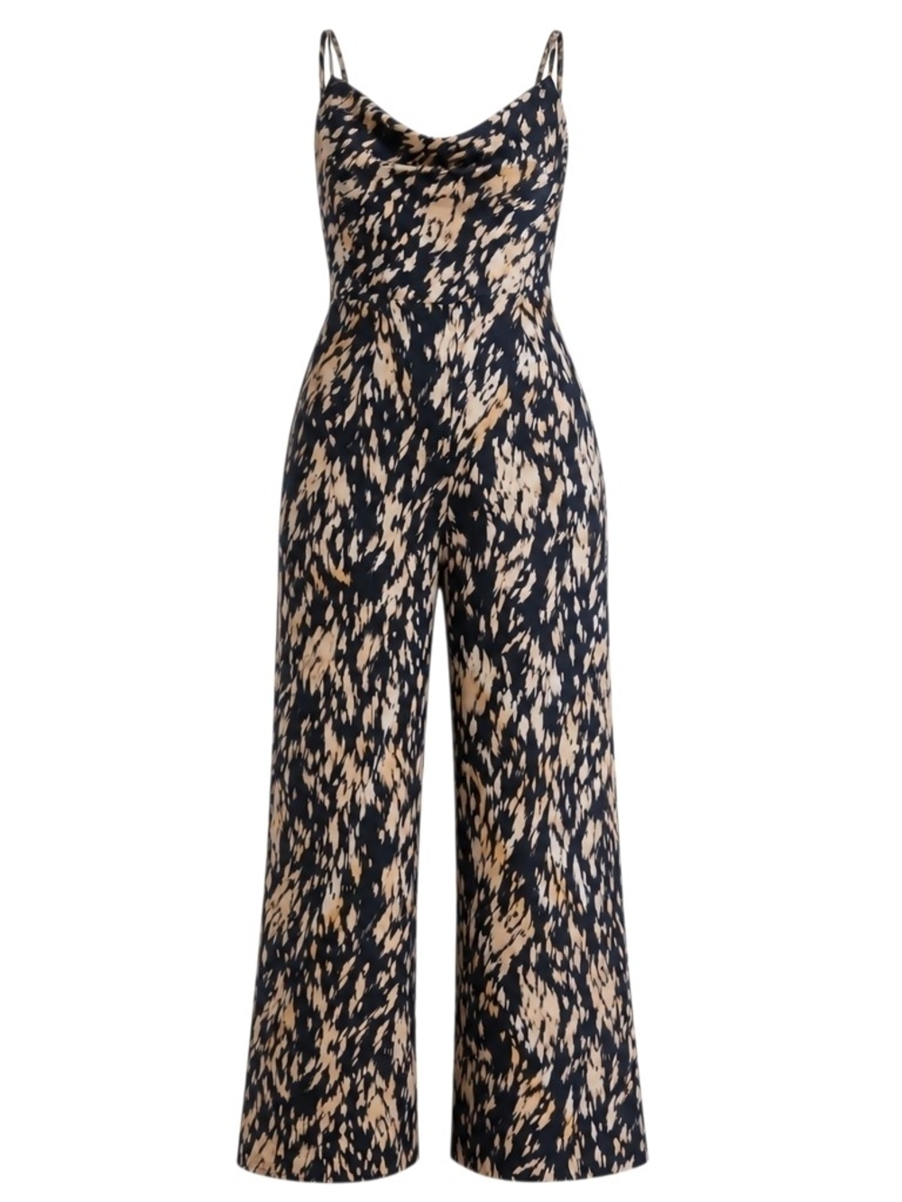 Aakaa Navy and Beige Printed Cowl-Neck Jumpsuit